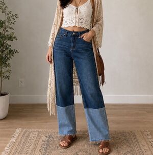 POL Women’s Denim Jeans 2 Toned Boho Ankle-Length Size Small 28” Waist Frayed